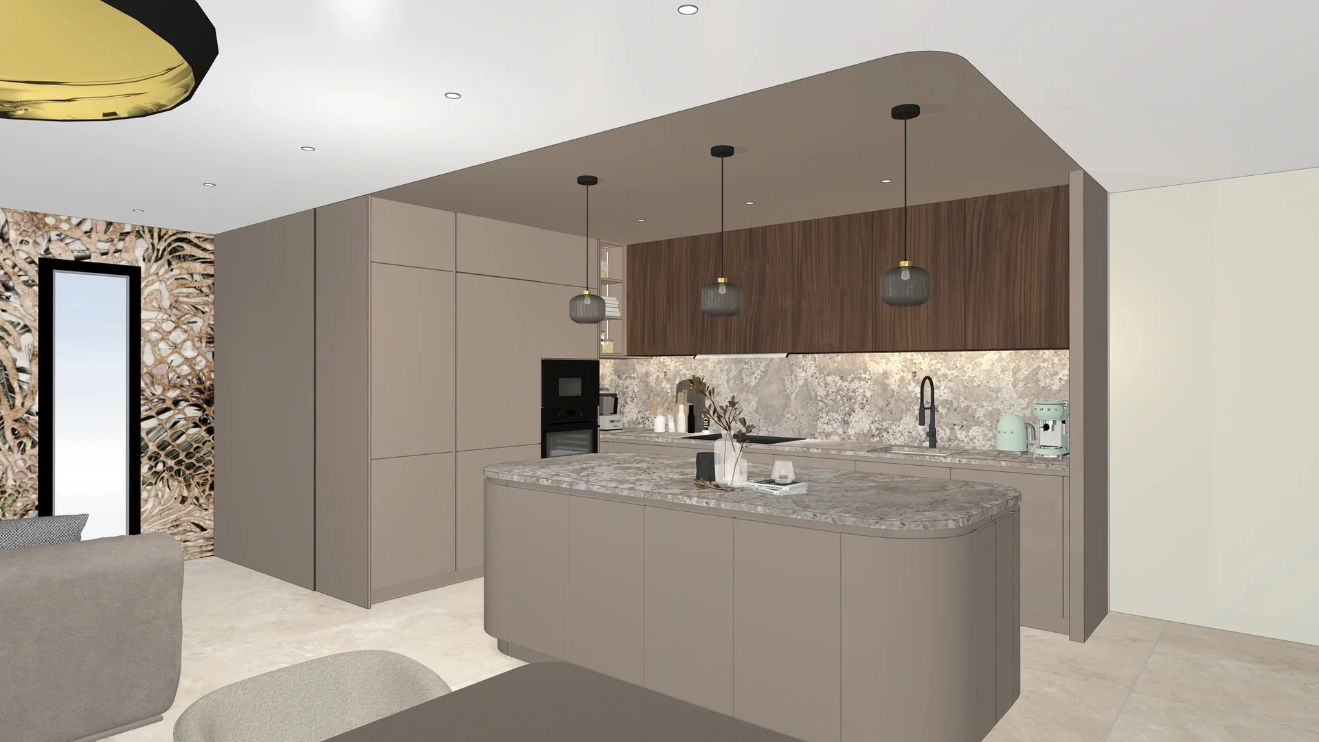 Export 3D brut d’une cuisine ouverte sur le séjour : îlot arrondi, façades taupe, suspensions éteintes, lumière plate
